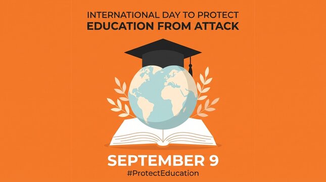 Globe illustration featuring a graduation cap resting on top of an open book with foliage branches on an orange background for International Day to Protect Education from Attack.