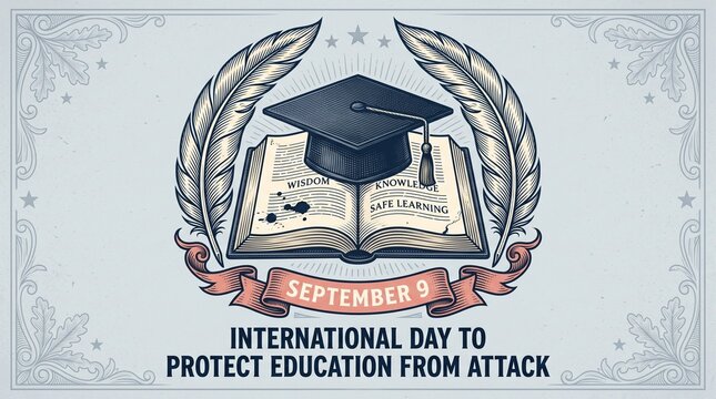 Graduation cap rests atop an open textbook flanked by quill feathers in a horizontal commemorative illustration.