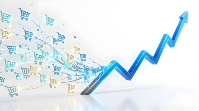 Shopping carts flowing into an upward arrow representing retail sales growth