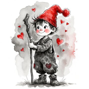 Happy child in red hat holding a stick surrounded by hearts  
