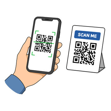 QR code icon. QR code scanning icon vector. Mobile phone scanning QR code vector. Hand holding a phone with a scanner symbol. Vector illustration