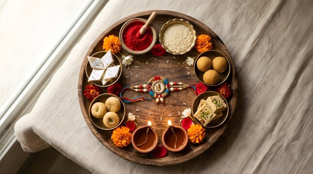 Traditional Raksha Bandhan puja thali featuring colorful sacred thread, sweet mithai, glowing clay lamps, vermilion powder and fresh marigold flowers