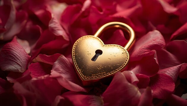 Golden heart shaped padlock resting on a bed of romantic red rose petals