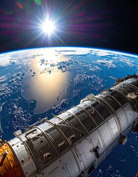 A breathtaking orbital view of Earth featuring a bright sunburst rising over the horizon and a space station module in the foreground. Inspiring technology concept with no people.