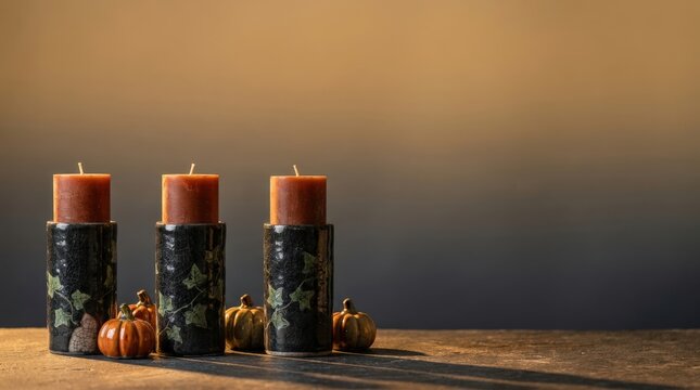 Raku ceramic candlesticks with rust candles and crackle glazed pumpkins on a charcoal to ochre dusk background
