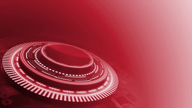 Red Minimal futuristic three-disc platform with illuminated circular rings and a clean metallic design, suitable for news broadcasts, technology presentations, explainer videos, and motion graphics.