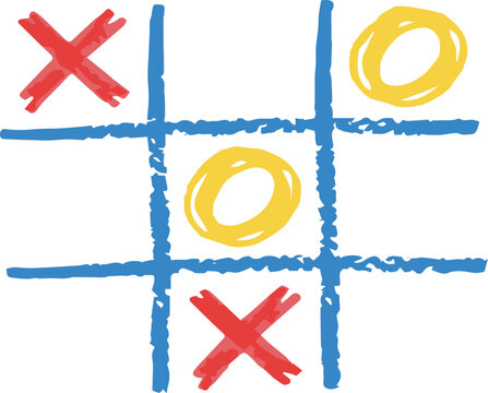 Hand drawn tic tac toe game board with red crosses and yellow circles on a white background