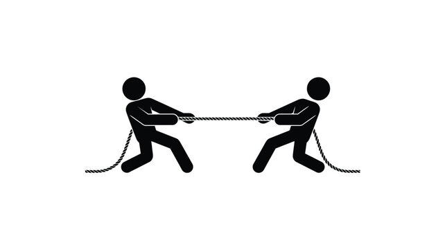 Minimalist black stick figure icon of two people pulling opposite ends of a rope in a tug-of-war, symbolizing struggle, competition, teamwork, and balance of opposing forces
