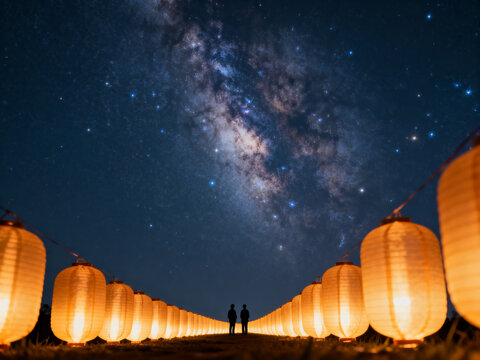 Silhouetted people standing between glowing paper lanterns beneath a vibrant and vast starry galaxy night sky