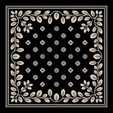 Elegant seamless floral bandana pattern with decorative leaf border and geometric elements on dark background