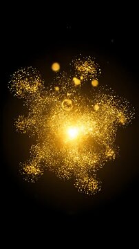 Golden Particle Explosion Animation with Shimmering Dust and Sparkling Effects Against a Black Background. and Golden Particles