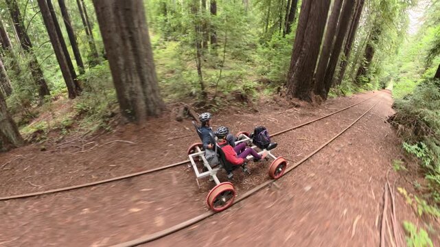 Mature couple enjoys an adventure on an electric railbike along old railroad tracks in a redwood forest near Mendocino.