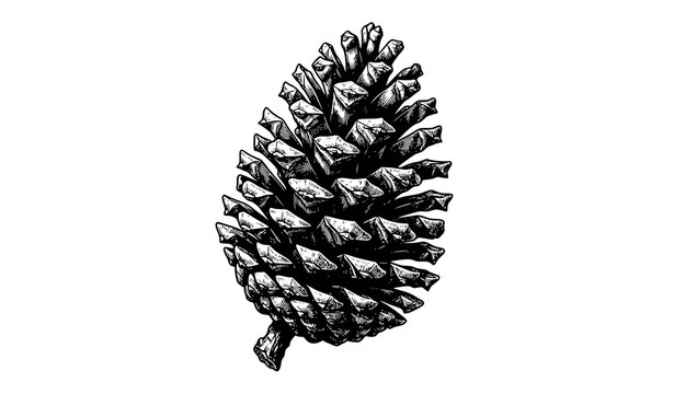Realistic Pine Cone Botanical Black and White Vector Illustration