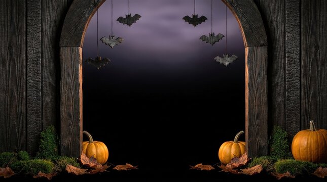 Charred shou sugi ban wood archway gate with hanging bats, bottle green moss, ochre pumpkins, and rust accents in a dark setting
