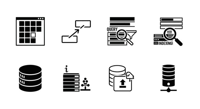 Data management icons showing database servers, indexing, search queries, and data flow for technology and information systems visualization