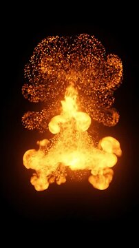 Exploding Fire Particles Animation with Bright Orange and Yellow Bursts Against a Black Background. Dynamic Motion Graphics for Visual Effects.