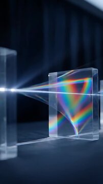 Prism Light Refraction Animation Displaying Vibrant Rainbow Spectrums, Creating a Dynamic Optical Illusion Effect.