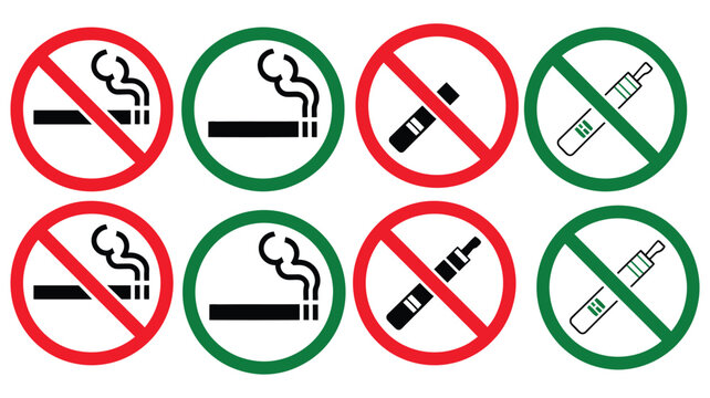 Set of smoking and vaping icons, no smoking and no vaping signs, tobacco prohibition symbols, health warning graphics, restricted area notices, vector design elements