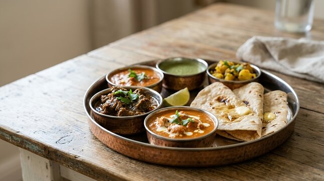 A delicious and authentic North Indian platter featuring mutton curry butter chicken butter chapati chutney and masala showcasing the rich flavors of Indian cuisine. North Indian platter food cuisine