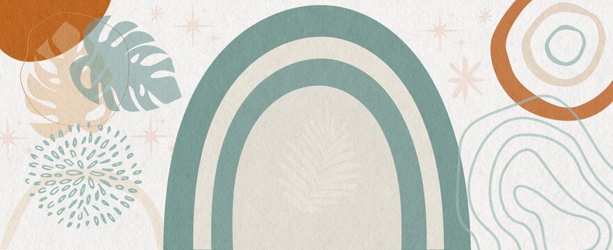 Boho Abstract Background with Rainbow Arch and Organic Botanical Shapes
