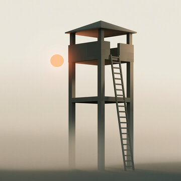 Military watchtower at dawn with soft sunrise lighting  