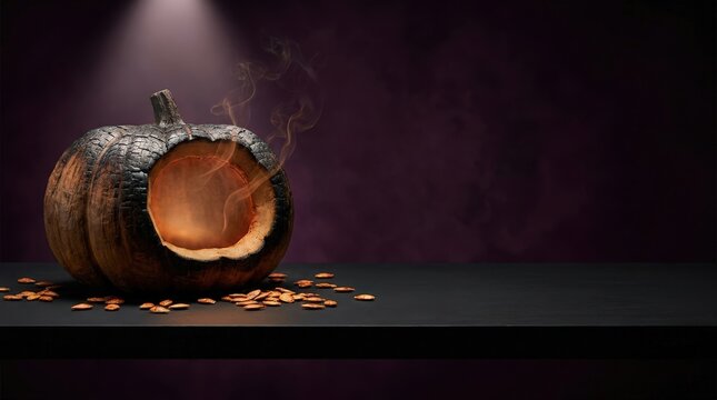Cross section of a burnt wood pumpkin glowing with ochre ember interior, smoke rising above scattered pumpkin seeds on a dark surface