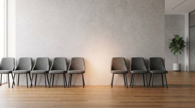 Minimalist waiting room interior with a row of empty chairs against a concrete wall, symbolizing absence and social distancing for public health awareness campaigns
