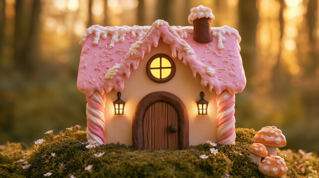 Pastel candy house nestled in fantasy forest glade with warm window light