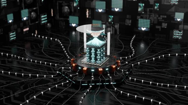 A futuristic quantum computing core displayed inside a transparent glass chamber, surrounded by glowing cables and a high-tech circuit board environment. The illuminated central processor