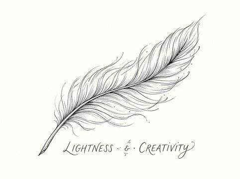 Hand-drawn feather line art illustration representing lightness and creativity in a minimalist black and white sketch style