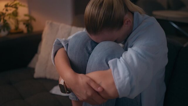 Worried woman sitting alone at home with her head down, expressing financial stress, money problems, economic uncertainty and emotional pressure.