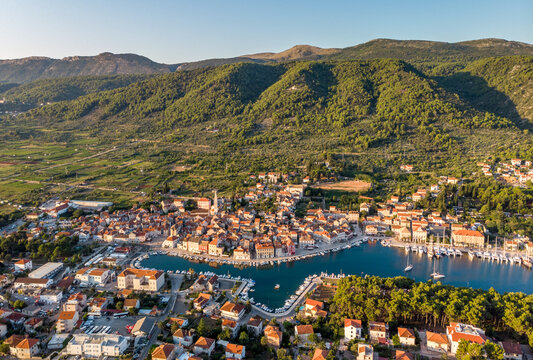 Croatia, the island of hvar in dalmatia. a bird's-eye view of stari grad. The town on the adriatic sea at sunrise.