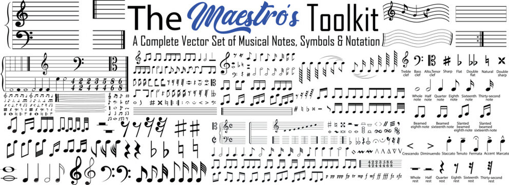Music Notes and Musical Symbols Vector Set with Treble Clef Staff Notation Clefs Rests and Hand Drawn Music Icons