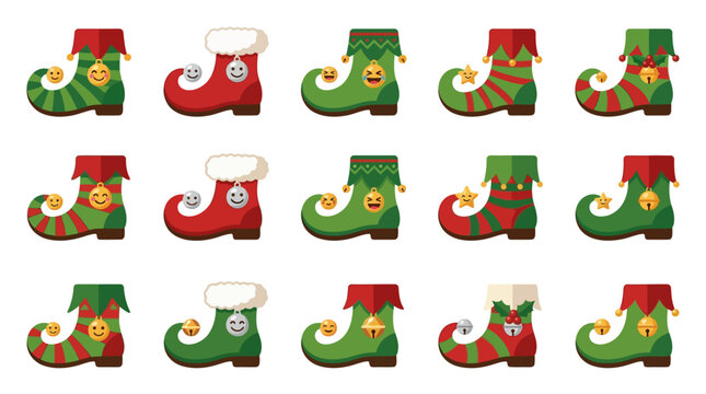 Collection of festive elf boots with various designs and colors.