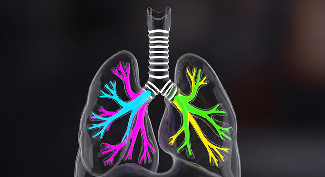 Anatomy of human lungs with bronchioles highlighting different parts in various colors.