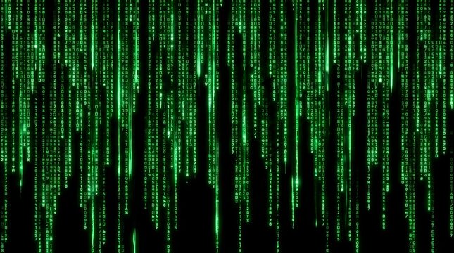 Green Digital Matrix Code Falling Down Against A Dark Background