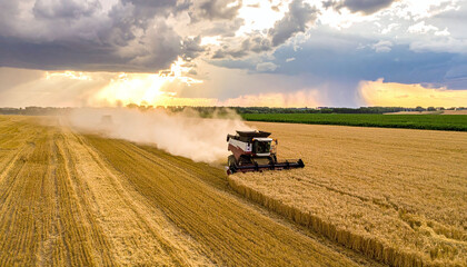 Naklejka premium Aerial view of a combine harvester reaping golden wheat at sunset. No people, nobody. This evocative agricultural scene highlights industry, productivity, and the timeless cycle of harvest season.
