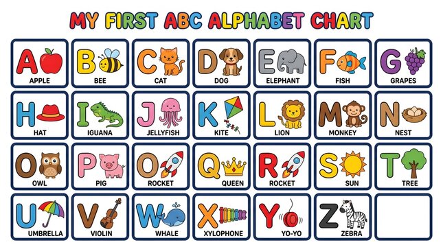 Educational alphabet wall chart featuring colorful cartoon illustrations of animals and objects for young children learning their daily basic letters