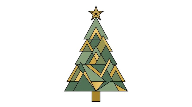 Geometric Christmas tree illustration featuring angular green and gold triangle shapes with a sharp top star for festive holiday designs