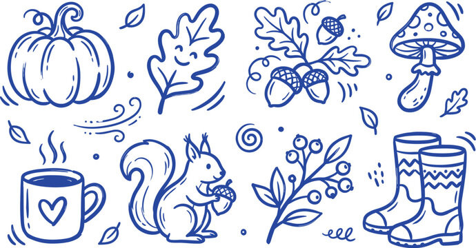 cute autumn and fall hand drawn doodle set with pumpkin leaves squirrel and boots