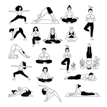Set de ilustraciones vectoriales de personas practicando yoga y meditaci&oacute;n en estilo doodle minimalista, fondo transparente dibujo a linea.
