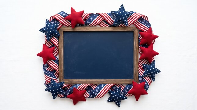 Patriotic chalkboard mockup with american flag ribbon and fabric stars for fourth of july celebrations