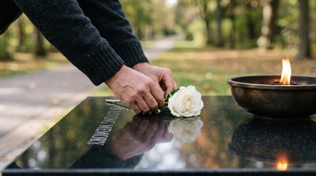 White rose placed on a black memorial plaque with a burning flame for remembrance and grief