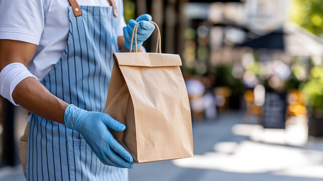 Young faceless waiter wearing gloves holds takeaway paper bag on city street blending professionalism and urban vibrancy, defocused outdoor food service, metropolitan hospitality,