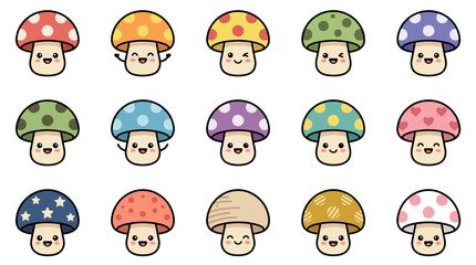 Obraz premium Collection of Cute Cartoon Mushrooms with Happy Faces.