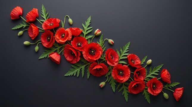 Red poppy flowers flat lay arrangement with green leaves and botanical buds on dark background