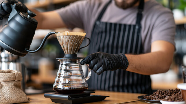 Faceless barista preparing coffee and measuring it on digital scale in coffee shop, barista wearing black gloves, defocused precision brewing methodology, calibrated technique,