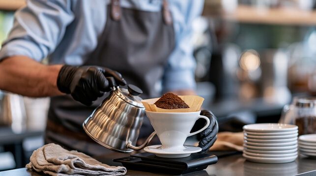 Faceless barista preparing coffee and measuring it on digital scale in coffee shop, barista wearing black gloves, defocused precision brewing methodology, calibrated technique,