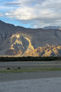 Sunset Light on Mountains at Hunder Sand Dunes, Nubra Valley, Ladakh, India