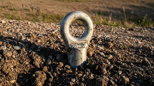 Heavy steel lifting eye bolt anchored in rocky soil for construction site safety manuals rigging instruction guides and ground anchor tutorials